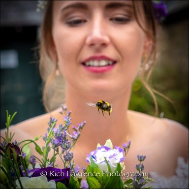 A bride with a bouquet, focused on a bumblebee hovering nearby.