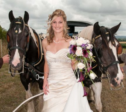 Bride in a white dress holds a bouquet, flanked by two horses in harness.